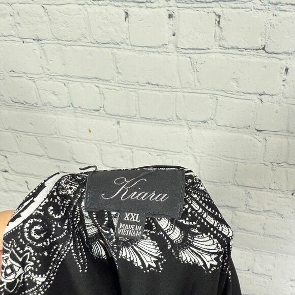 Kiara V-Neck Dress Women Plus XXL Black and White Short Sleeve Fair Isle Flowy - Picture 4 of 10